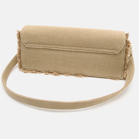 Zara Beige Tan Neutral Fabric shoulder Bag Handbag frayed trim Magnetic flap NWT - Picture 13 of 15
